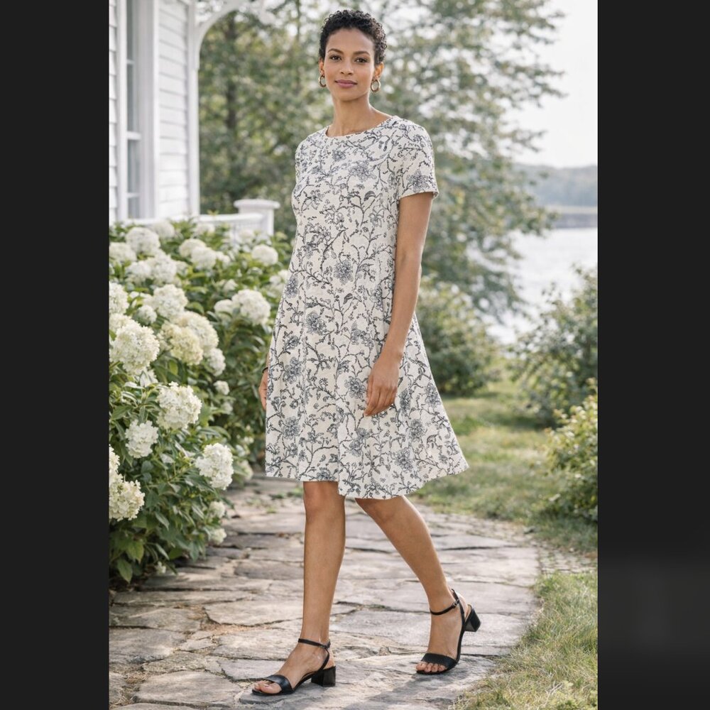 J Jill Wearever Floral Swing Dress Large Petite Cream A-Line Knit Stretch Travel